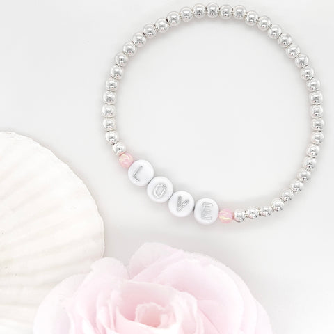 Silver Pink Opal Accented Name Bracelet