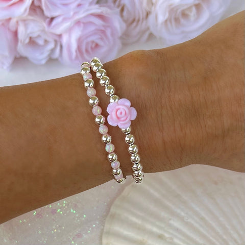 Silver Pink Iridescent Opal Stacking Bracelet